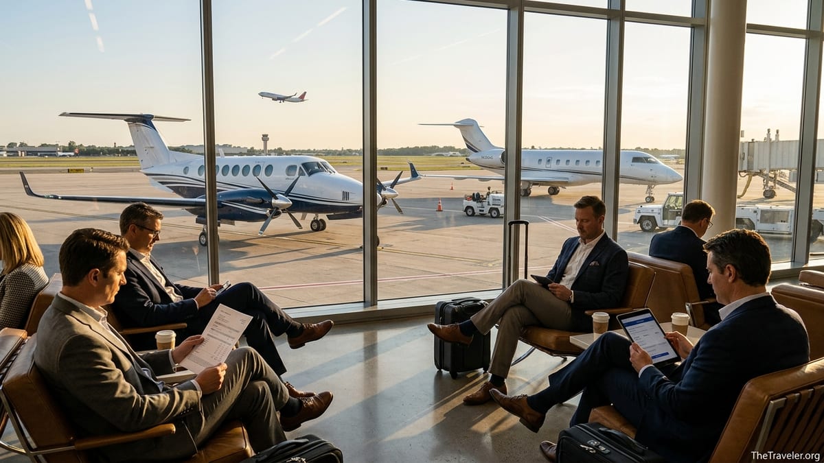 Business travelers reviewing private jet pricing in a lounge overlooking Wheels Up aircraft on the ramp.