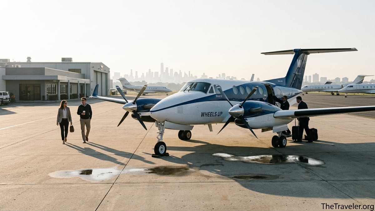 Travelers walk toward a Wheels Up private turboprop on a sunlit airport ramp at Teterboro.