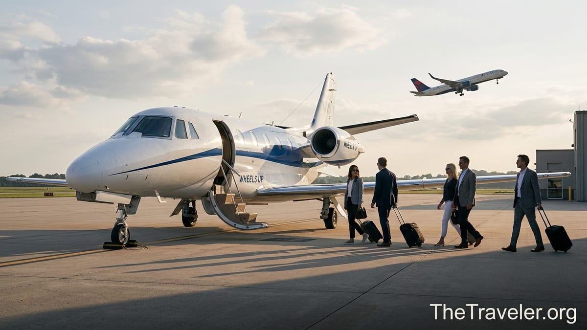 Travelers walking toward a Wheels Up private jet on a sunlit airport tarmac.