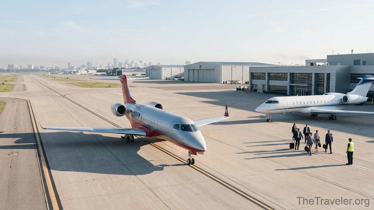 Two private jets on an executive airport ramp at sunrise with travelers boarding.