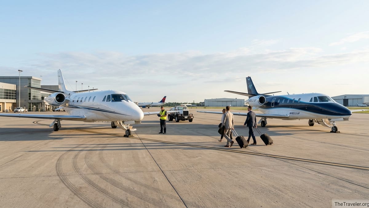 Two private jets from competing providers on an airport ramp at sunrise with travelers boarding.
