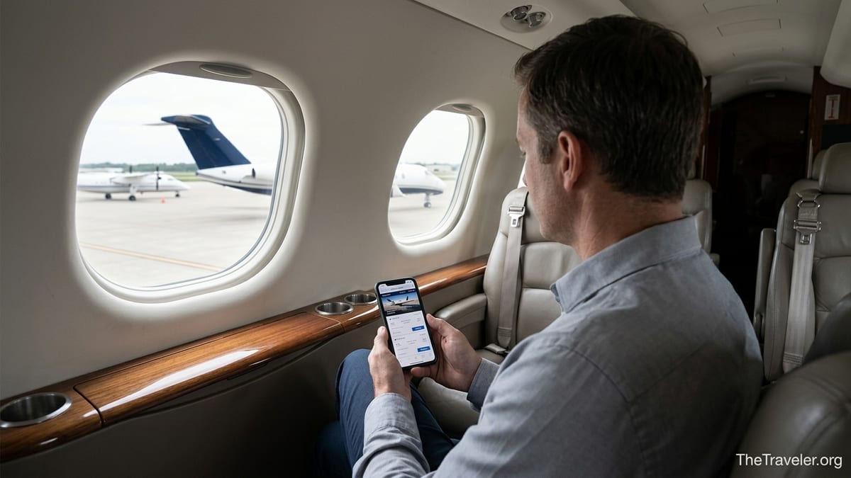 Traveler in a private jet cabin comparing different private flight options on a phone.