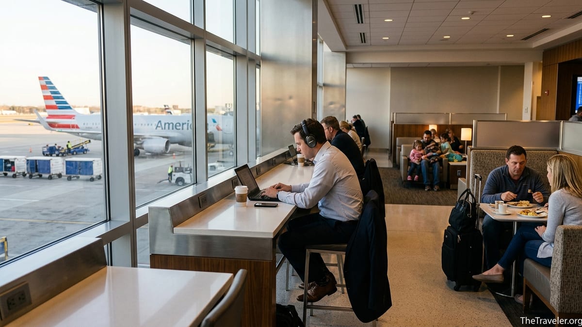 Travelers working and relaxing inside an American Airlines Admirals Club lounge at a busy airport gate area.