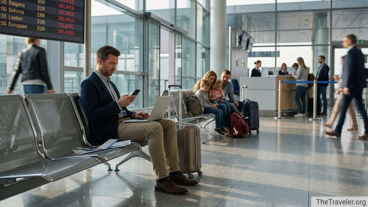 Traveler checking delayed flight notification in a busy European airport terminal.