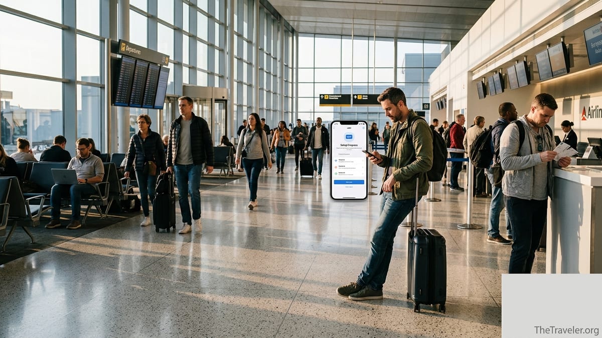 Traveler in airport checking eSIM app on phone near departure gates