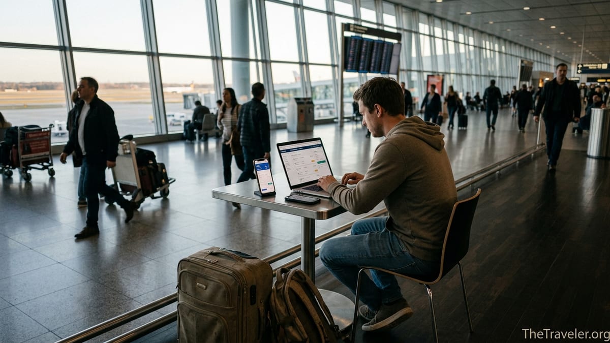 Traveler comparing flight prices on a laptop in a bright airport terminal.