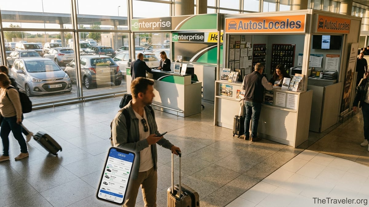 Traveler comparing QEEQ prices on a phone beside rental car counters at an airport.