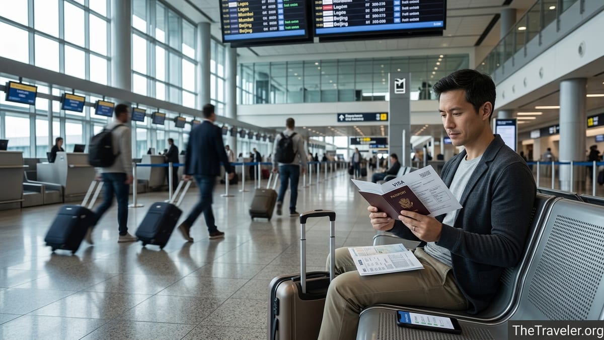 Traveler reviewing passport and visa documents in a busy international airport departures hall.