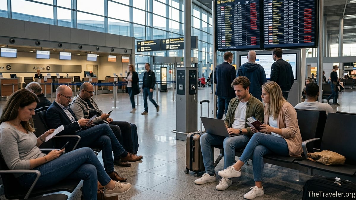 Travelers in a busy European airport checking delayed flights and compensation options.
