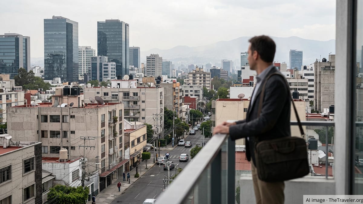 Foreign professional overlooking a dense Mexico City skyline, reflecting on tax residency choices.