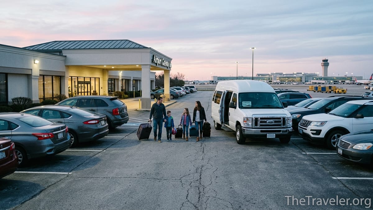 Family walking from airport hotel through parking lot to shuttle van at dawn