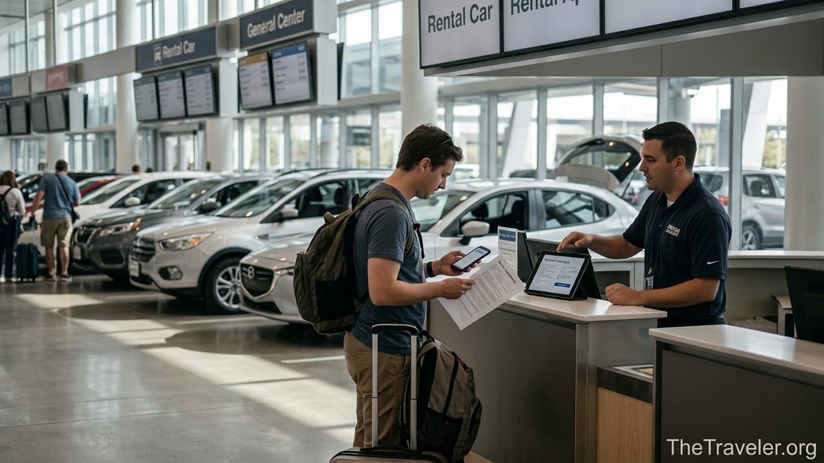 Traveler reviewing rental car insurance options at an airport rental counter.