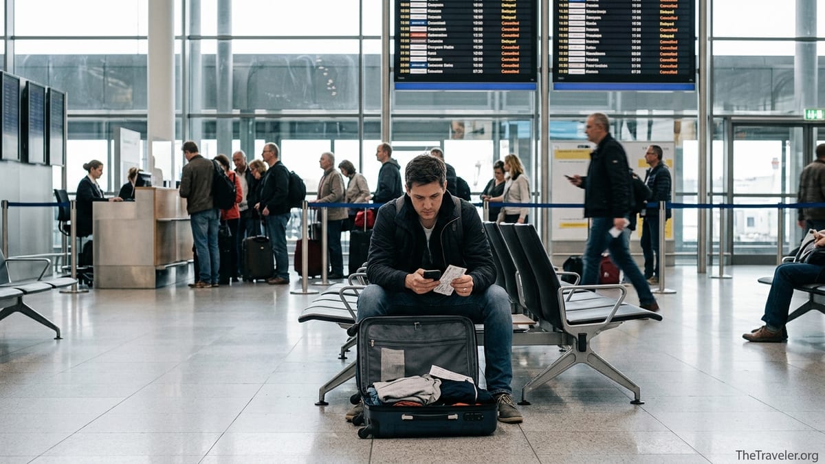 Traveler checking flight compensation options in a busy European airport after delays.