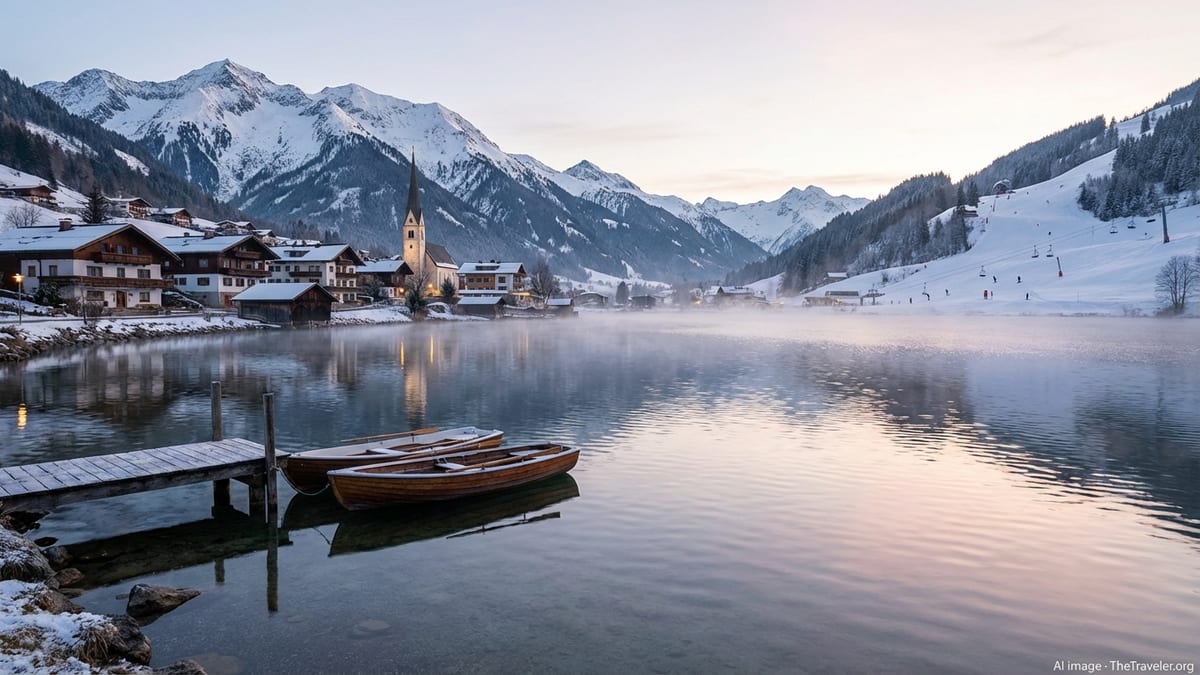 Snowy Austrian mountains above a calm alpine lake and village at sunrise, showing ski slopes and lakeside boats.