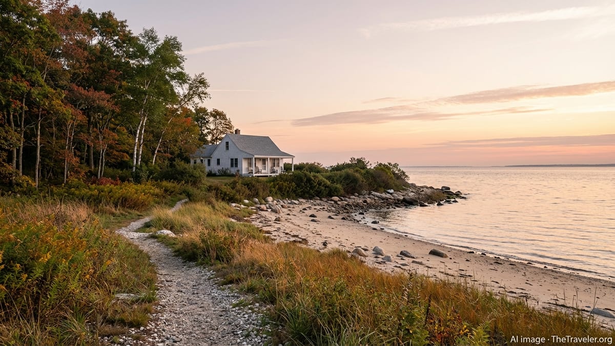 Early autumn sunrise over a quiet Connecticut beach and shoreline trees turning color.