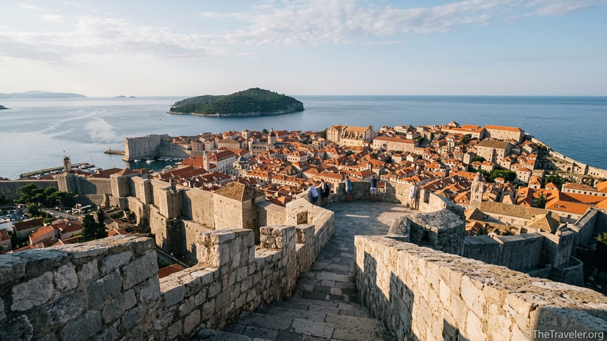 Early morning view from Minčeta Tower over Dubrovnik’s rooftops with few visitors and calm Adriatic Sea.