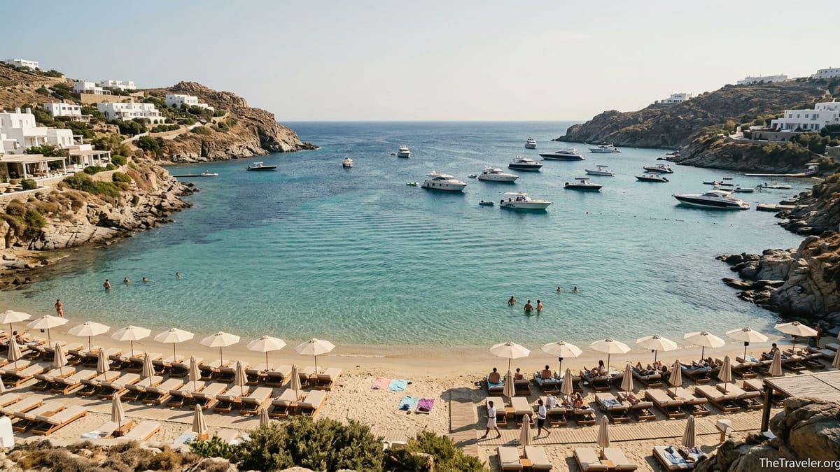 Early autumn view over Psarou Beach in Mykonos with turquoise bay, sunbeds and anchored yachts.