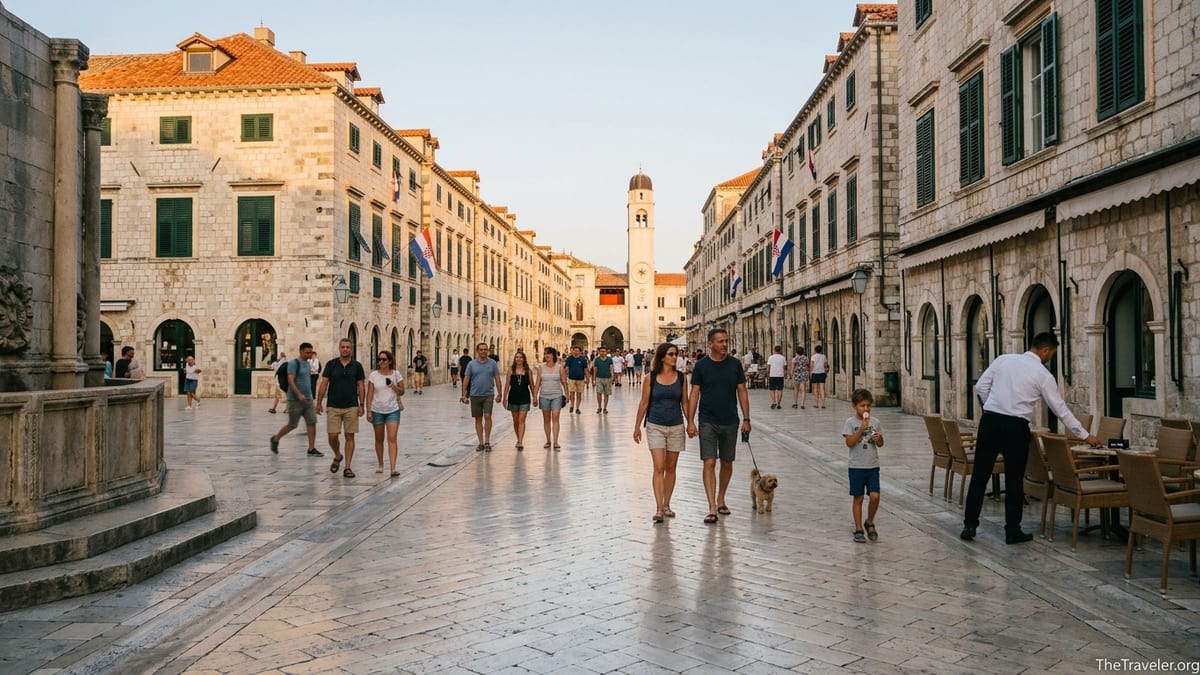 Early evening view of Dubrovnik’s Stradun with light crowds and warm golden light.