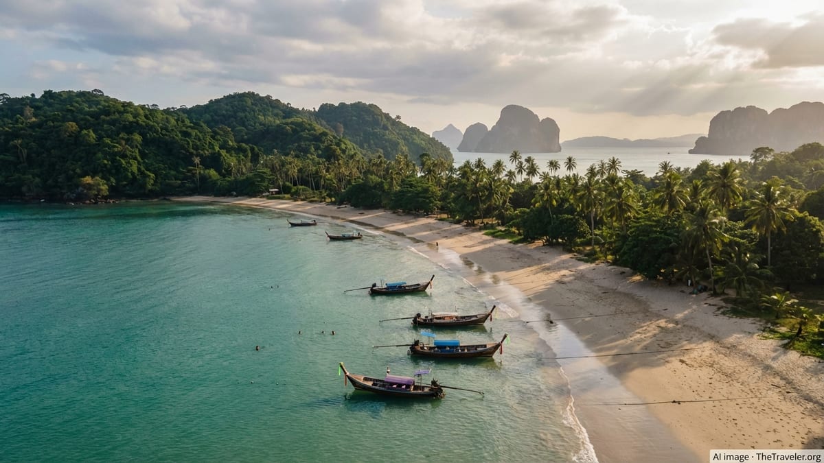 Aerial view of a Thai beach with longtail boats, turquoise sea and limestone islands at sunset.
