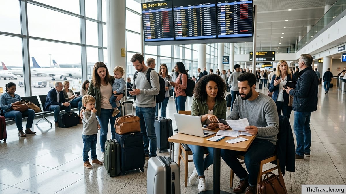 Travelers in a busy airport reacting to flight cancellations, couple calmly reviewing travel insurance papers.