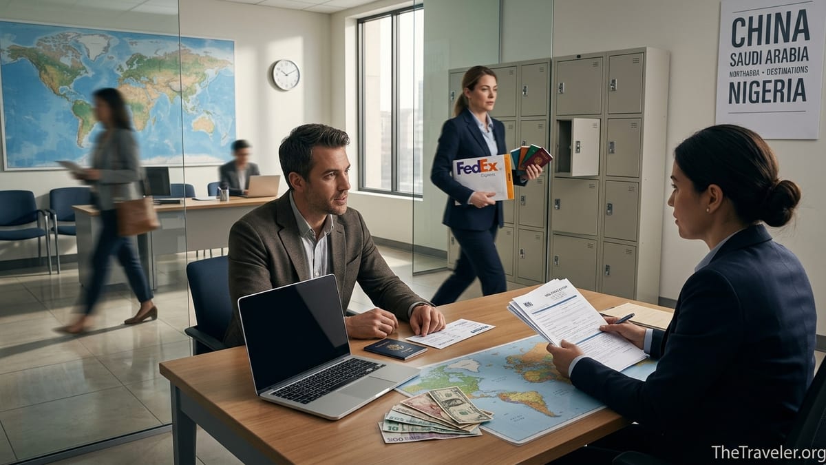 Traveler consulting with a visa service agent in a busy passport office.