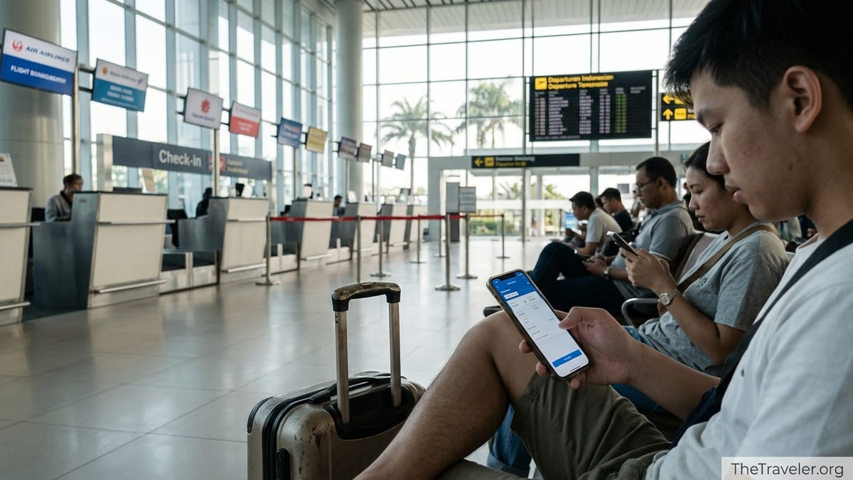 Traveler using a flight booking app on a phone in a busy Southeast Asian airport terminal.