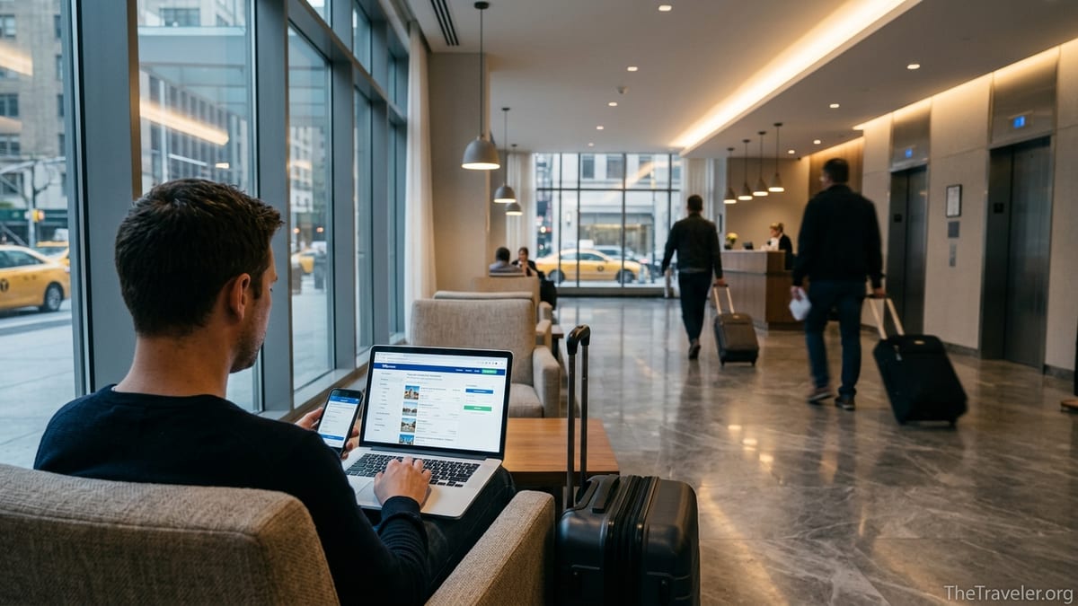 Traveler comparing hotel prices on a laptop in a busy modern hotel lobby.