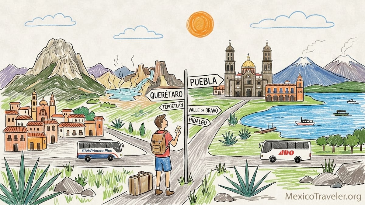 Morning in a Central Mexico colonial town near a boutique hotel, with cobblestone streets, talavera details, and a traveler走