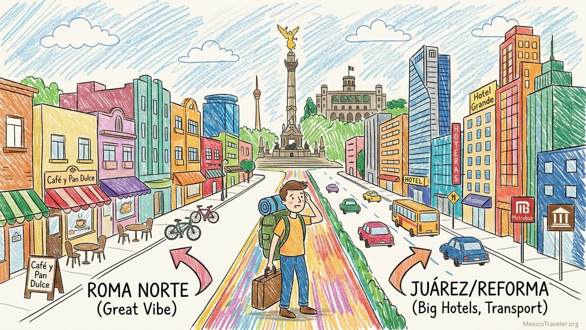 Morning street scene in Roma Norte, Mexico City, with leafy trees, Art Deco buildings, and sidewalk cafes
