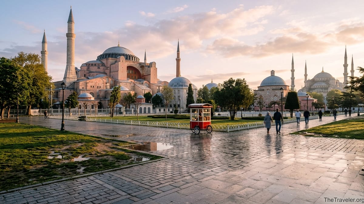 Morning view of Hagia Sophia from Sultanahmet Square with few pedestrians and warm sunrise light.