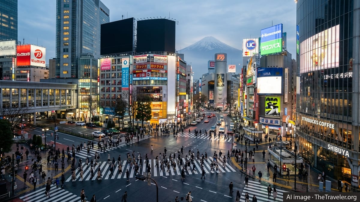 Evening crowds crossing Shibuya Crossing in Tokyo with city lights and Mount Fuji in the distance.