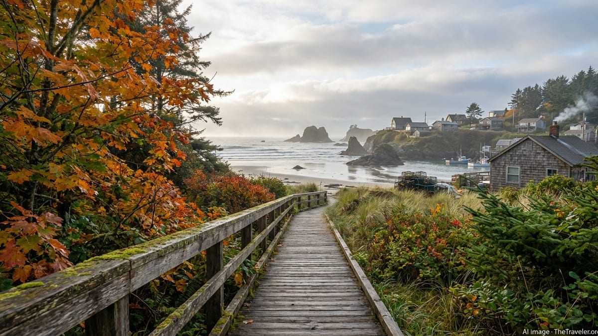Autumn boardwalk leading through coastal foliage toward a small Pacific fishing village and rocky shoreline.
