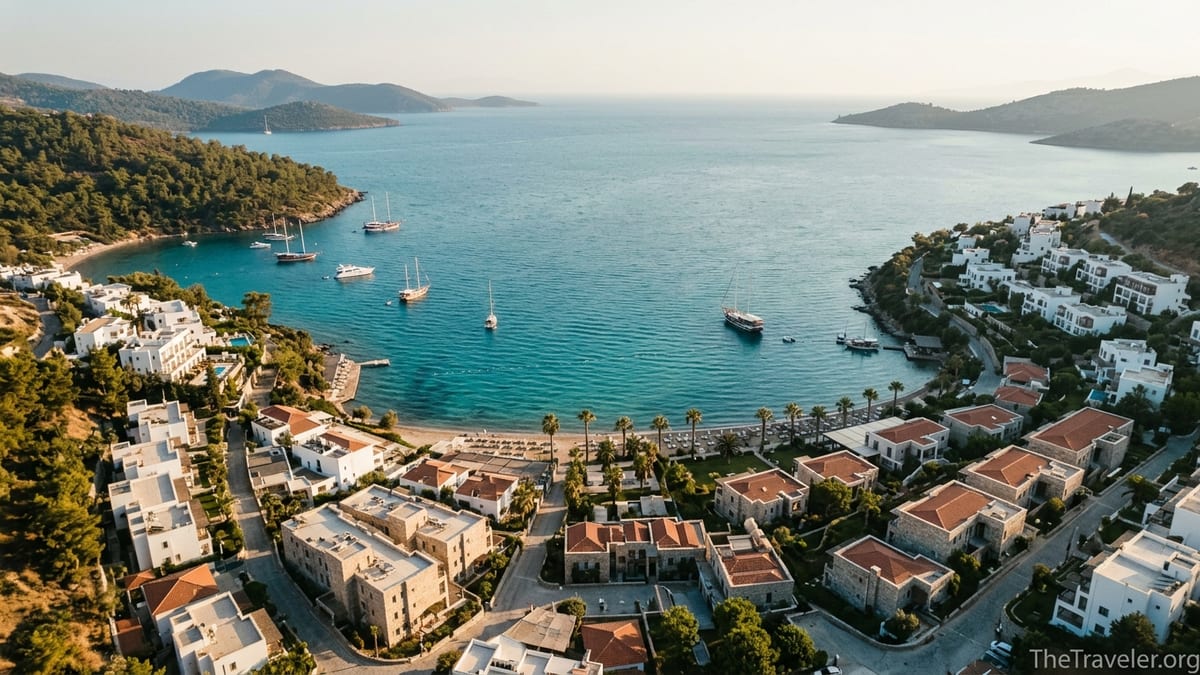 Aerial view of a curved Aegean bay near Bodrum with resorts, pine hills and turquoise water at sunset.
