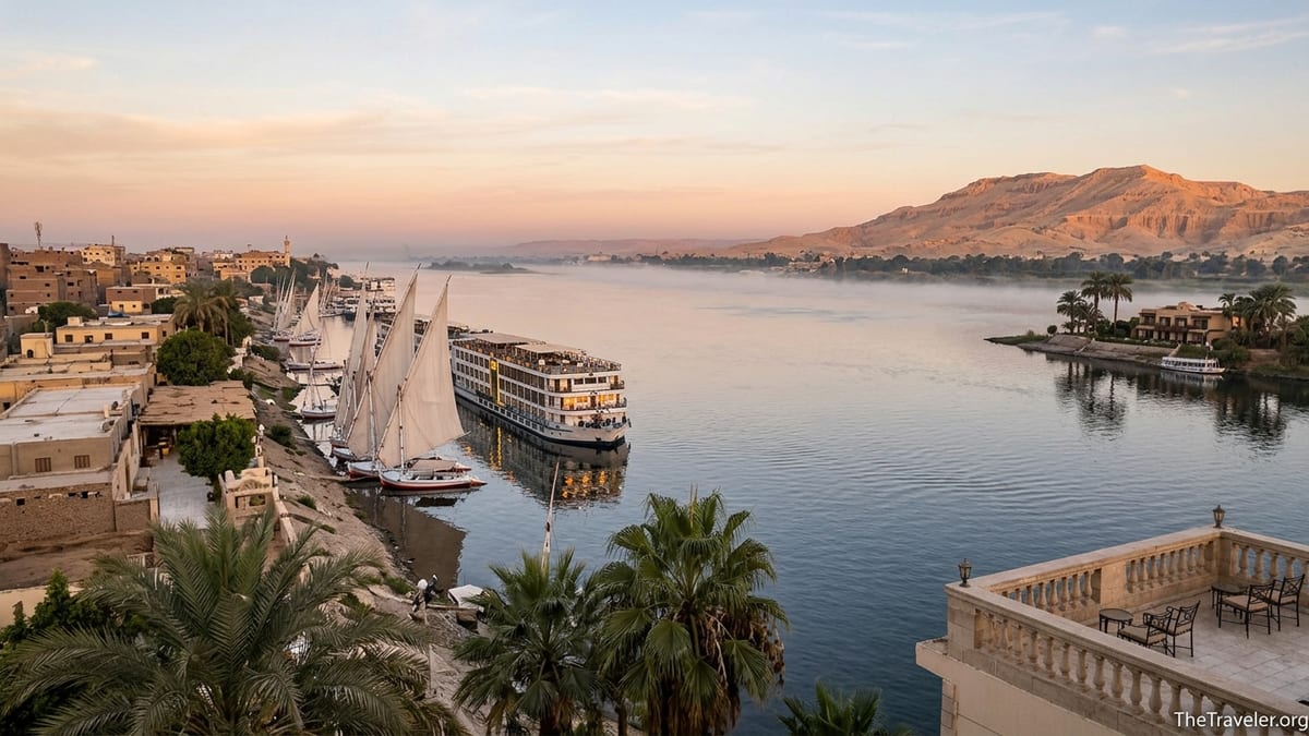Dawn view over the Nile with cruise ship, feluccas and riverside hotels in Luxor.