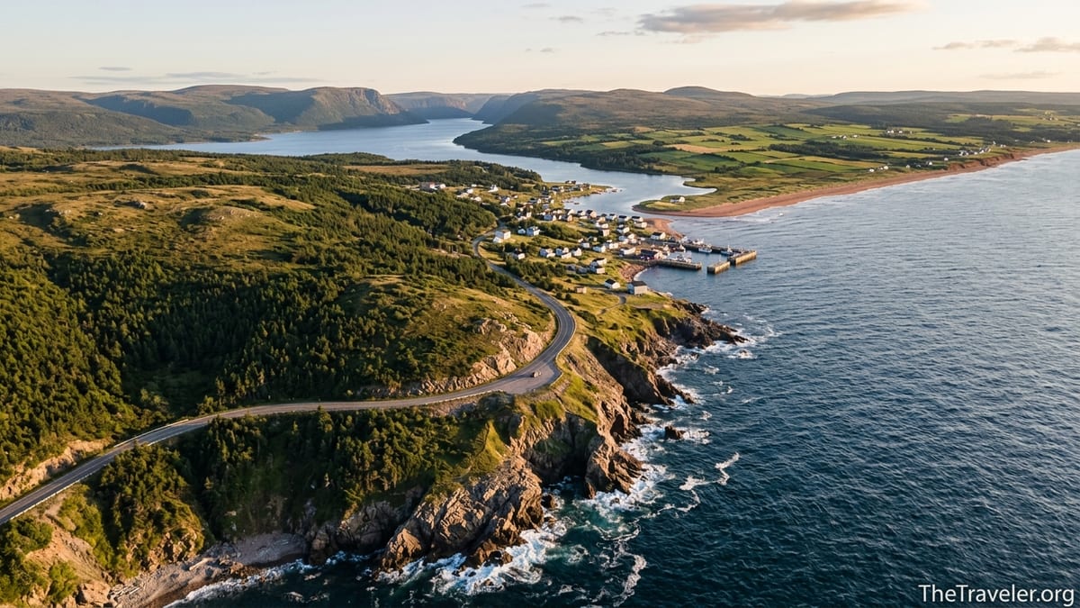 A winding coastal road in Atlantic Canada curves along cliffs above a fishing village and blue ocean at sunset.