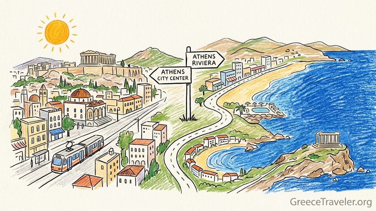 Late afternoon view of the Athenian Riviera with a passing tram, seaside promenade, and swimmers in the Saronic Gulf.