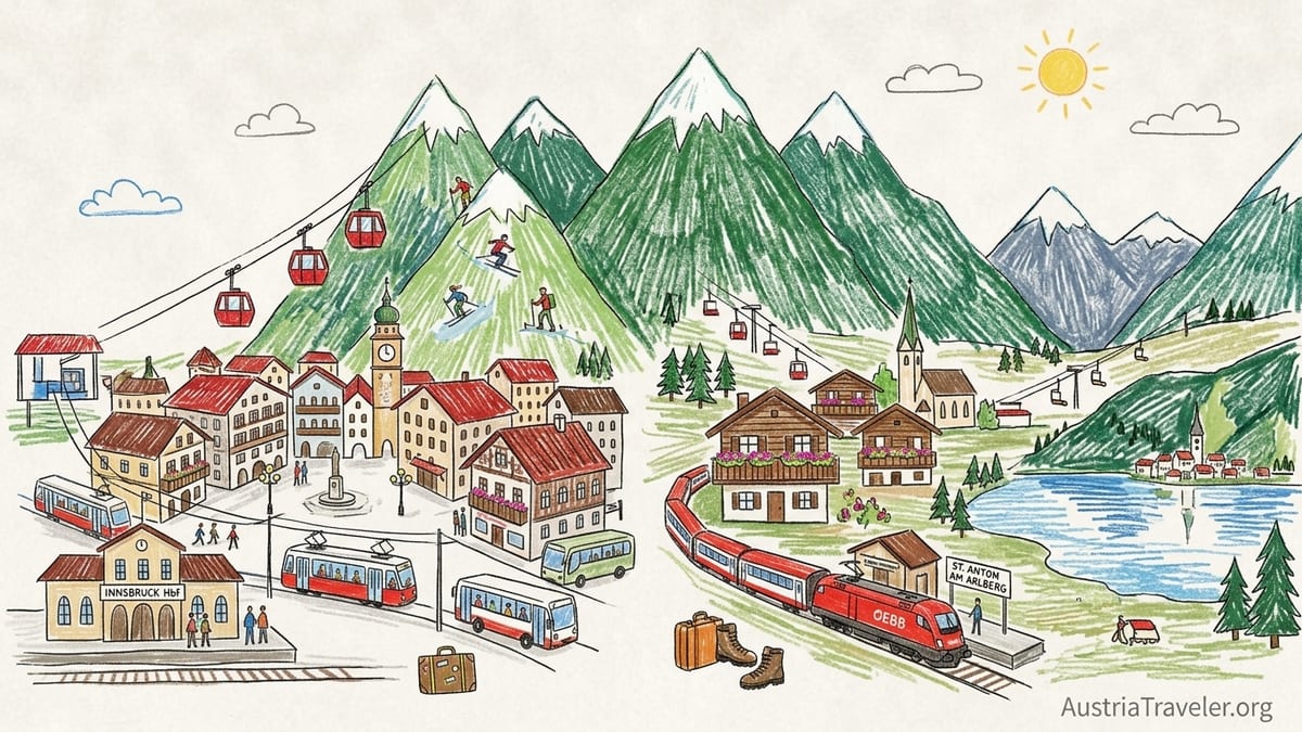 Austrian Alpine village with chalets and gondola below rugged peaks on a sunny morning