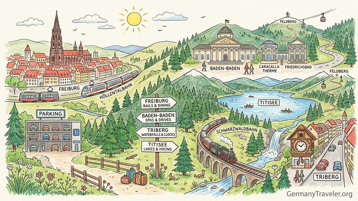 View over Titisee lake and Black Forest village with wooded hills and boats.