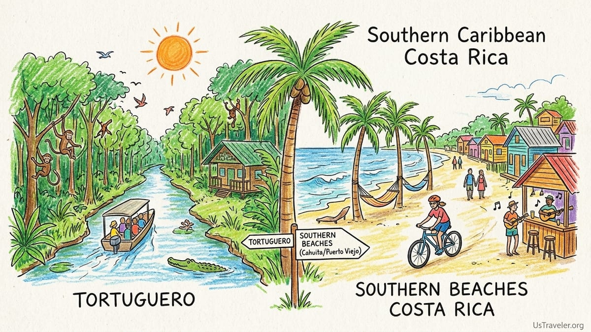 Aerial view of jungle-fringed beaches and small villages along Caribbean Costa Rica’s southern coast.