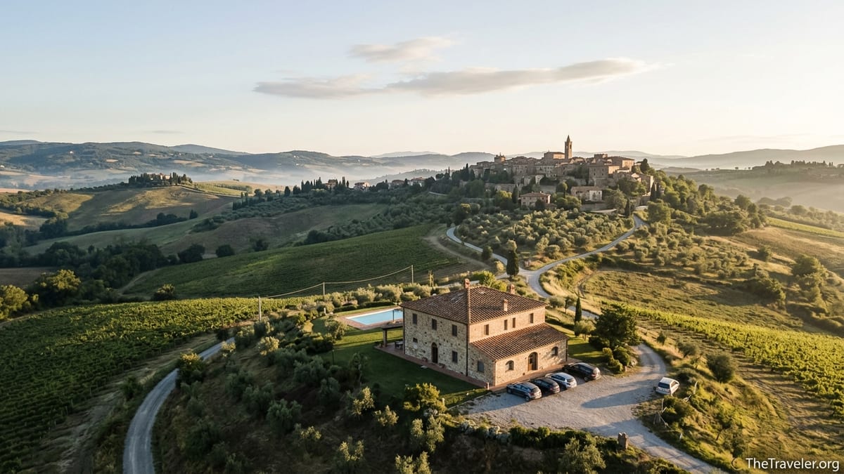 Sunrise over Tuscan countryside with stone farmhouse, vineyards and a hilltop town in the distance.