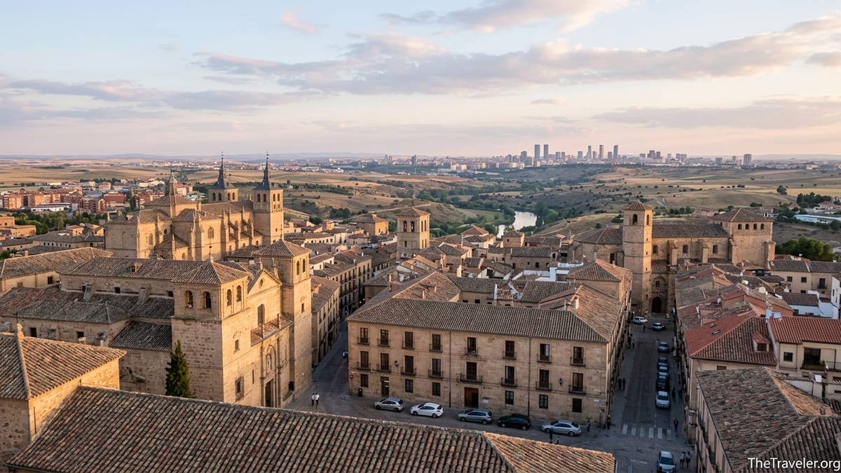 Panoramic view over a historic central Spanish city with cathedral towers and distant Madrid skyline at sunset.