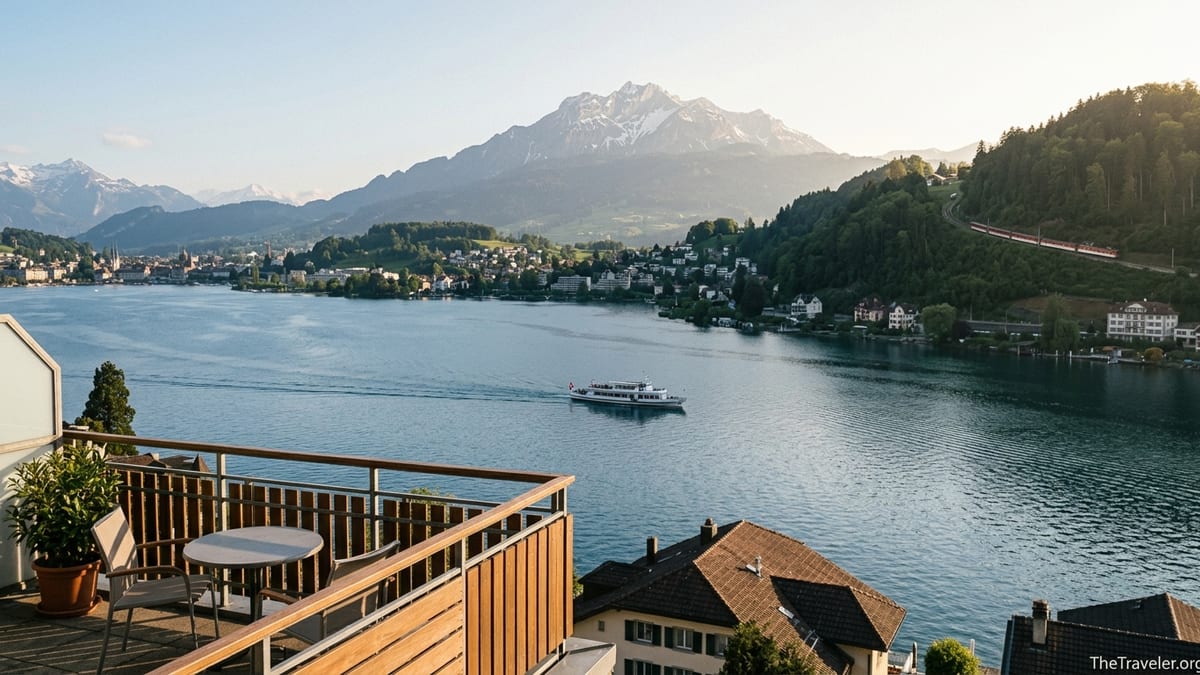 Lake Lucerne with lakeside villages and mountains viewed from a hotel balcony at sunset.
