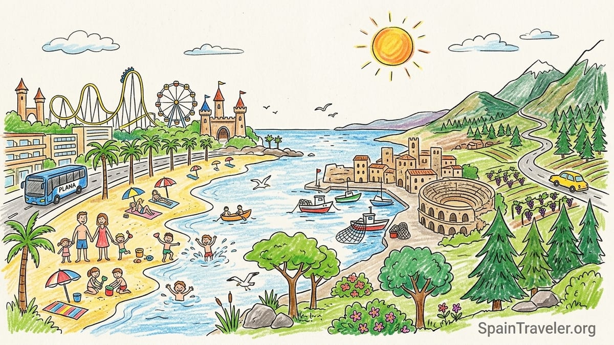 Sunrise over a golden beach and palm-lined promenade on Spain’s Costa Dorada.