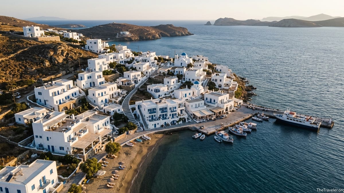 Aerial view of a Cycladic harbor town with white houses and beach at sunset.