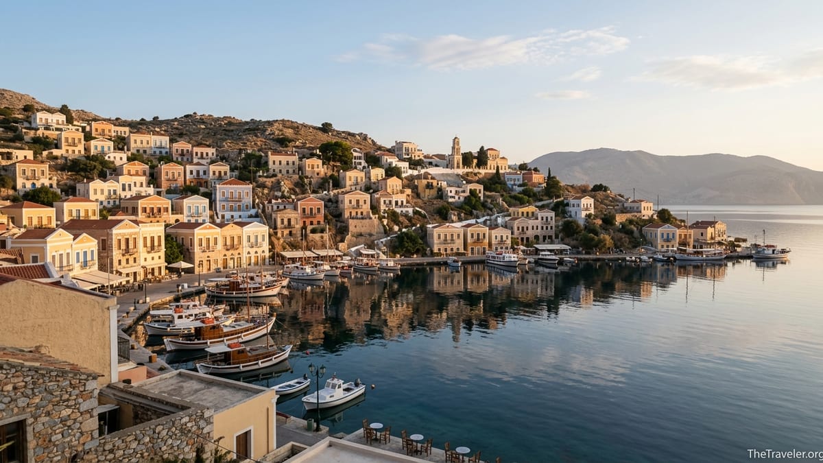 Pastel houses above a calm harbor in the Dodecanese at sunrise, with boats moored along the quay.