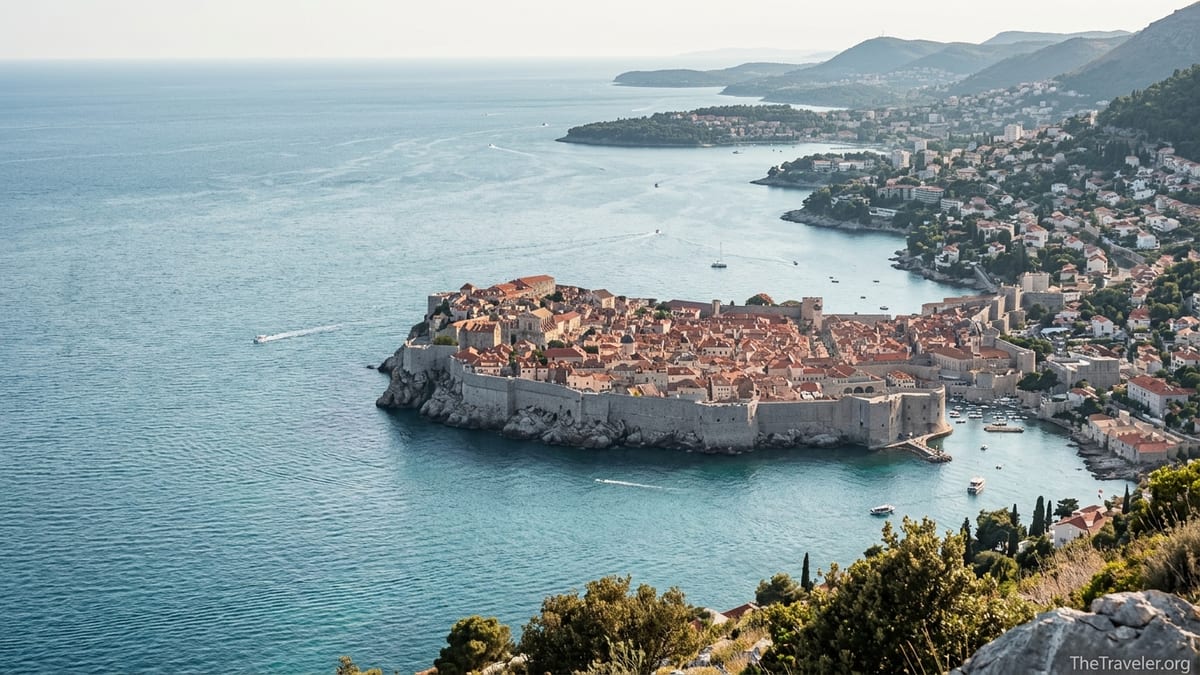 Aerial view of Dubrovnik Old Town and surrounding coast on a sunny day.