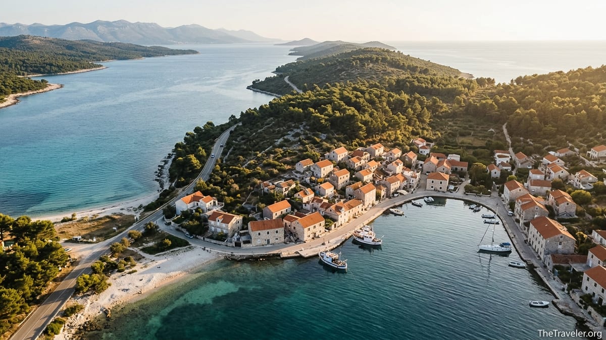 Aerial view of Dugi Otok showing villages, forests and turquoise bays on both coasts.