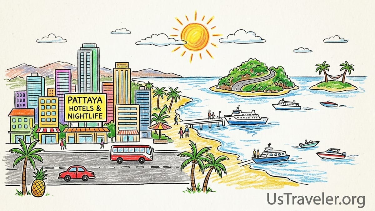 East Thailand beach scene with longtail boat, clear water, and island hills, representing Pattaya to Koh Kood stays