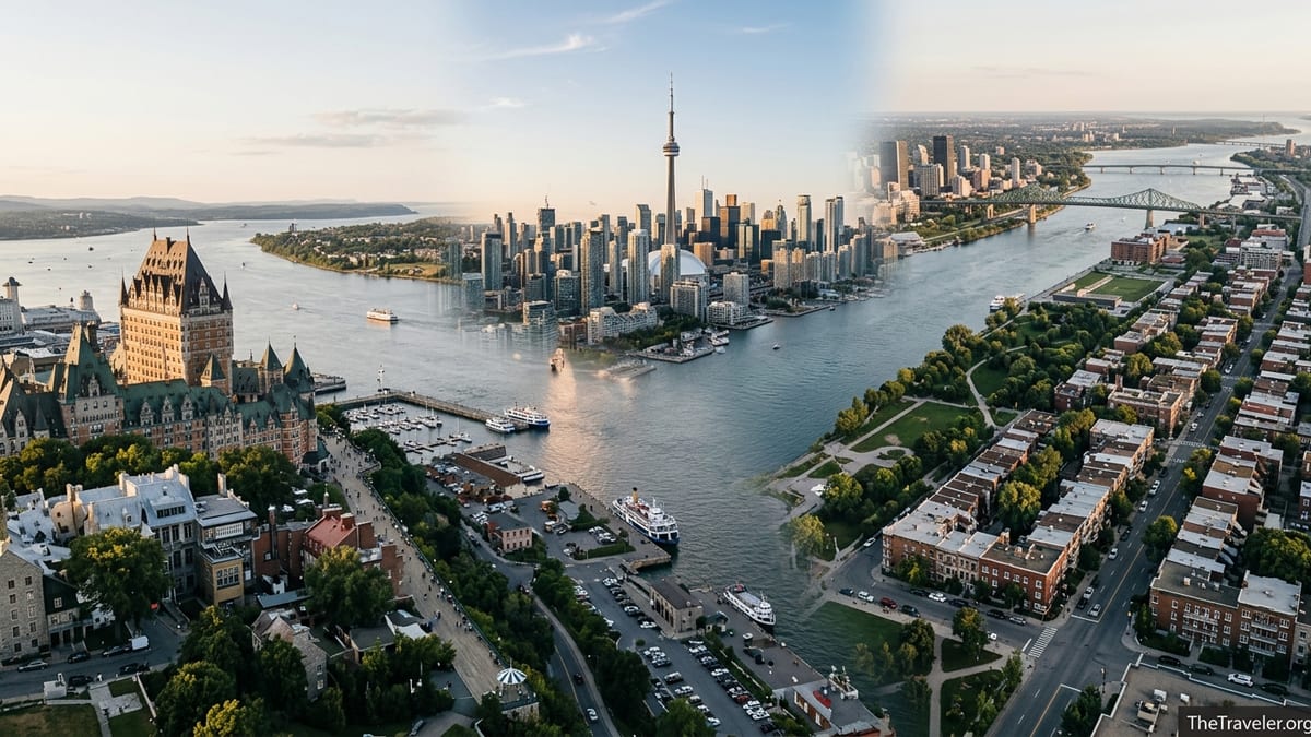 Aerial golden hour view of Eastern Canadian city waterfronts with historic and modern skylines.