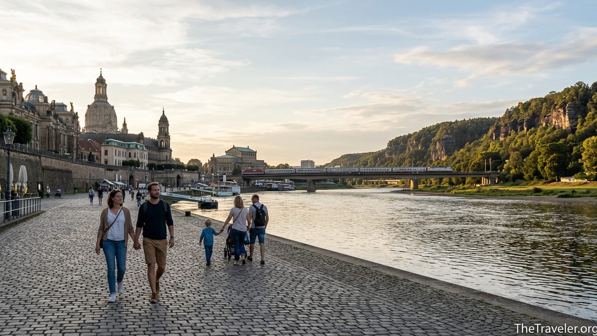 View along the Elbe in Dresden with Baroque skyline, train bridge and distant sandstone cliffs at sunset.